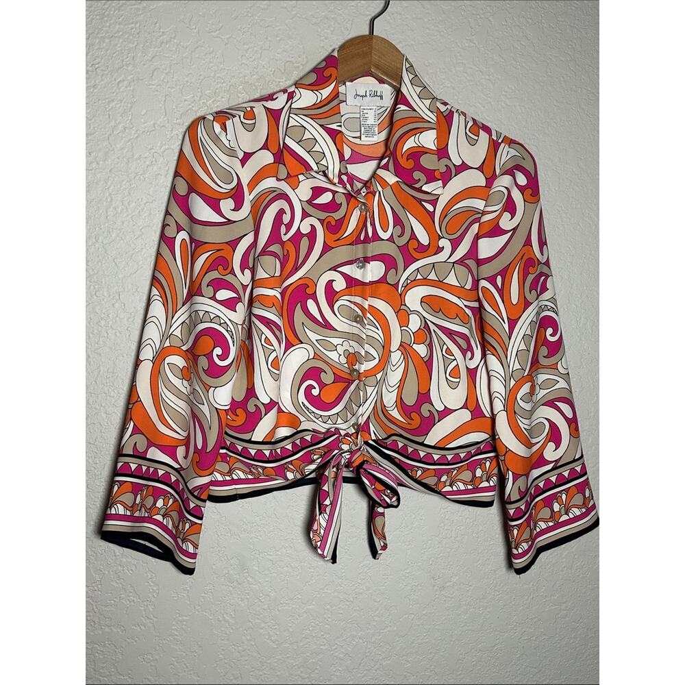 Joseph Ribkoff Pink Orange Paisley Tie Front Blouse Retro 70s Summer Girl - Picture 3 of 8